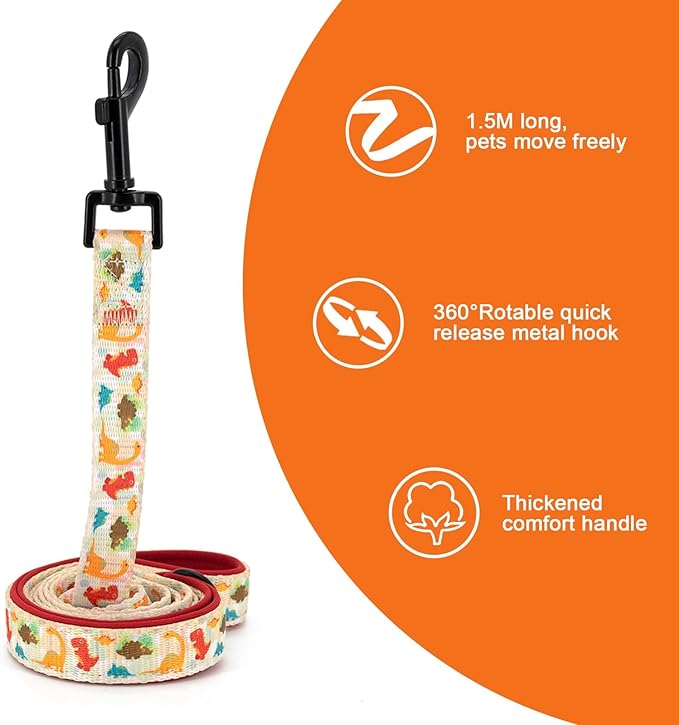 Adjustable Dog Harness and Leash Set for Girl Air Mesh Dog Vest Harness 5Ft Pet Training Leash with Soft Handle Pet Escape Proof for Small Medium Large Dogs (Dinosaur, XS)