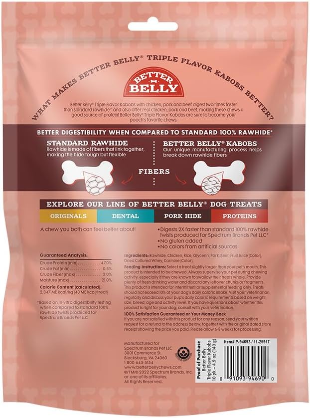 Better Belly Triple Flavor Kabobs, 10 kabobs, Long-Lasting Dog Chews with Chicken, Pork and Beef