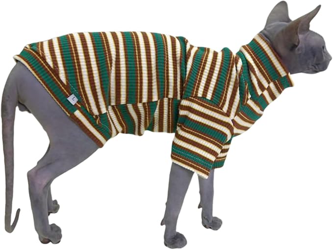 Turtle Neck Vintage Stripes Sphynx Hairless Cat Cotton T-Shirts Pet Clothes Vest Kitten Shirts Sleeveless, Cats & Small Dogs Apparel (Marsh, L (7-8.8 lbs))