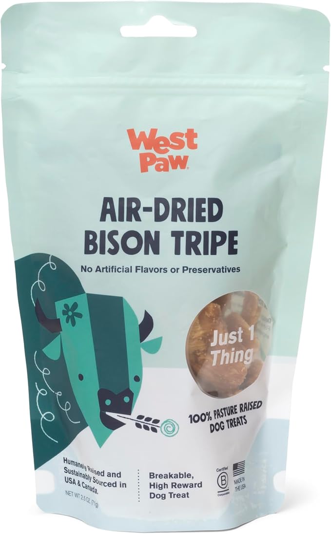 West Paw Air-Dried Single Ingredient Bison Tripe Dog Treats – 100% Pasture-Raised, High-Protein, All-Natural Chews – Made in USA – Nutrient-Rich, Easily Breakable, Grain-Free