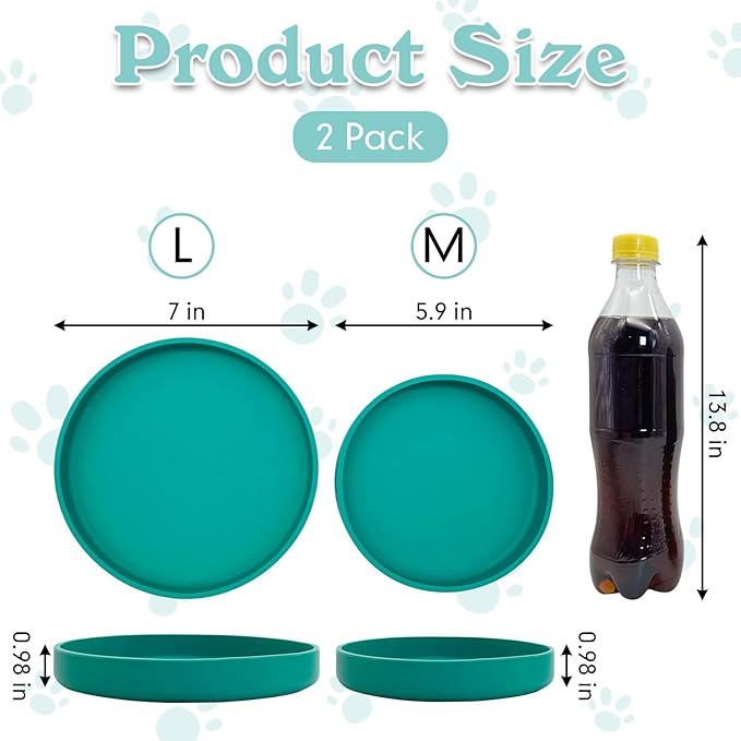 Silicone Dog Bowl Shallow Cat Food Bowls 7" Wide Puppy Plates Whisker Fatigue Pet Feeding Dishes Set of 2 for Dry and Wet Food Indoor (Round Green)