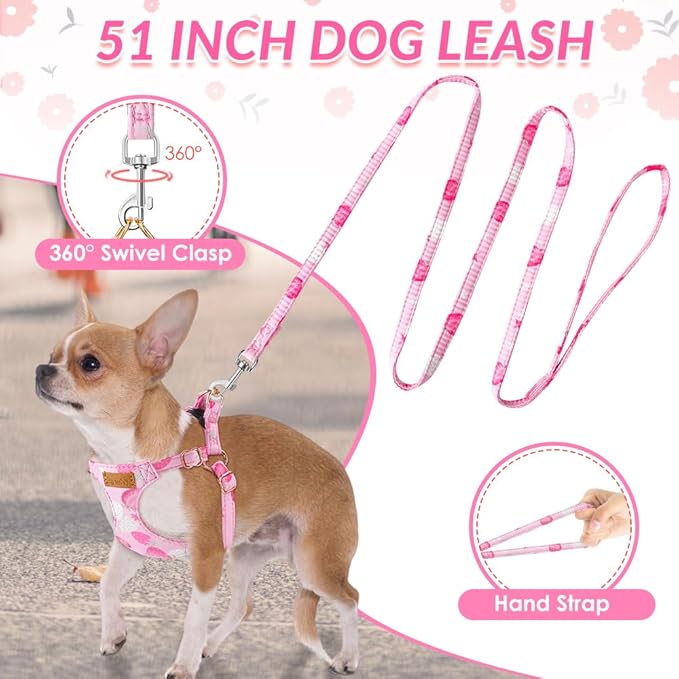 SlowTon No Pull Dog Harness with Leash - Soft Lightweight Floral Pattern Puppy Harness, Adjustable Pet Harness for Small Medium Dogs (Pink Strawberry, XXS)