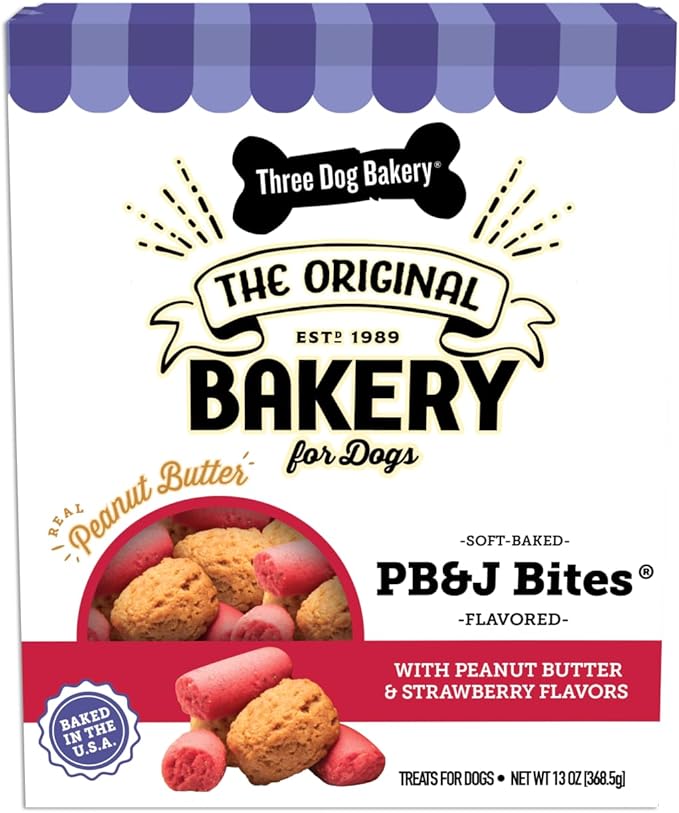 Three Dog Bakery Soft Baked PB&J Bites Dog Treats, Peanut Butter and Strawberry Flavor, Soft and Chewy Dog Cookies, Baked in The USA, 13 oz
