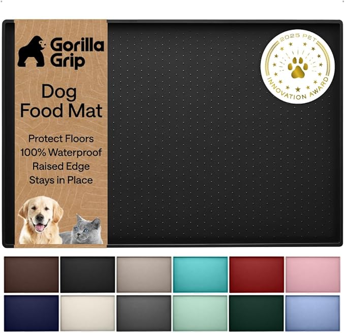 GORILLA GRIP 100% Waterproof Raised Edge BPA Free Silicone Pet Feeding Mat, Dog Cat Food Mats Contain Spills Protects Floors, Placemats for Cats and Dogs Water Bowl, Pets Accessories 23x15 Black