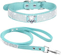 Cute Dazzling Sparkling Elegant Fancy Soft Suede Leather Bling Rhinestone Crystal Jeweled Pet Cat Dog Puppy Collar Dog Leash Combo Set (XS(Neck8-10), Light Blue-5)