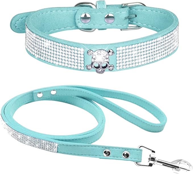Cute Dazzling Sparkling Elegant Fancy Soft Suede Leather Bling Rhinestone Crystal Jeweled Pet Cat Dog Puppy Collar Dog Leash Combo Set (XS(Neck8-10), Light Blue-5)