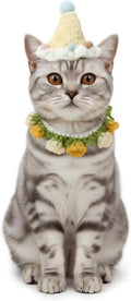 Handmade Knit Cat Outfit – Adjustable Birthday Hat & Floral Wreath Dog Costume for Dogs and Cats, Cute Photo Cat Costume for Party, Holiday, Daily Wear