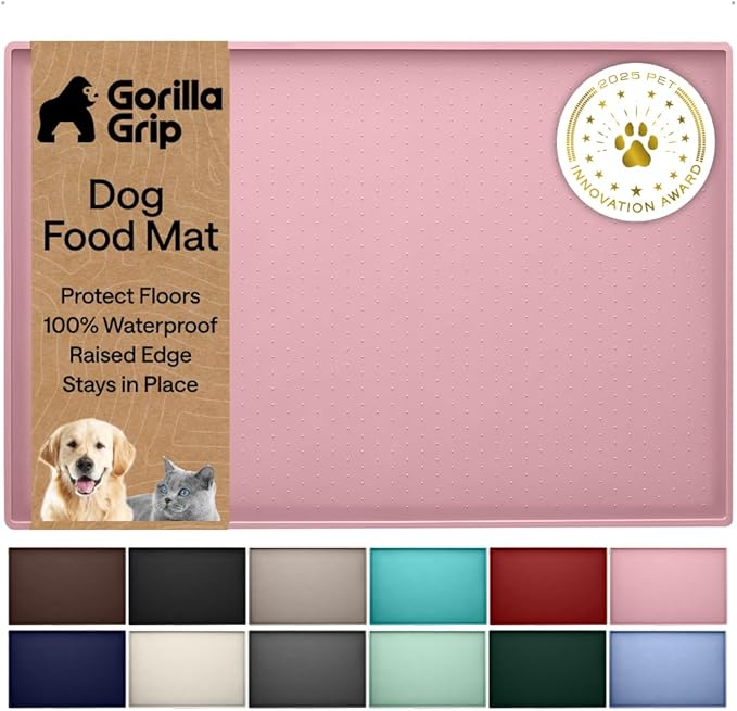 GORILLA GRIP 100% Waterproof Raised Edge BPA Free Silicone Pet Feeding Mat, Dog Cat Food Mats Contain Spills Protects Floors, Placemats for Cats and Dogs Water Bowl, Pets Accessories 28x18 Pink