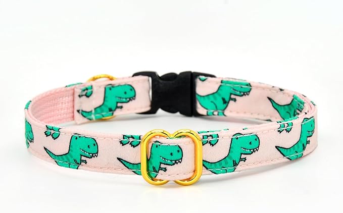 Cat Collar Bow Set, Green Dinosaur Pink Background, Wedding/Birthday Breakaway Collar Bowtie for Kitten/Cat