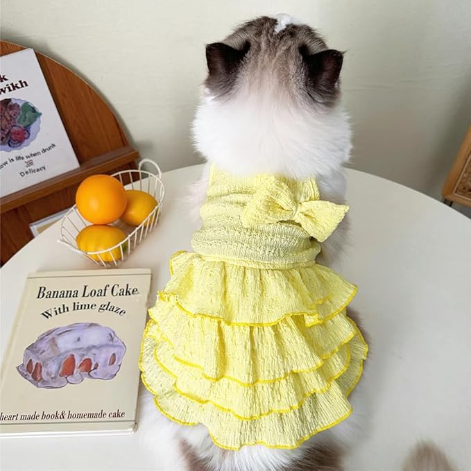 2 Pack Summer Dog Dresses with Bow Girl Puppy Clothes for Small Dog Spring Cat Outfit Sleeveless Pet Tiered Layered Cake Dress for Kitten Chihuahua Pomeranian Yorkie (Pink Yellow, Small)