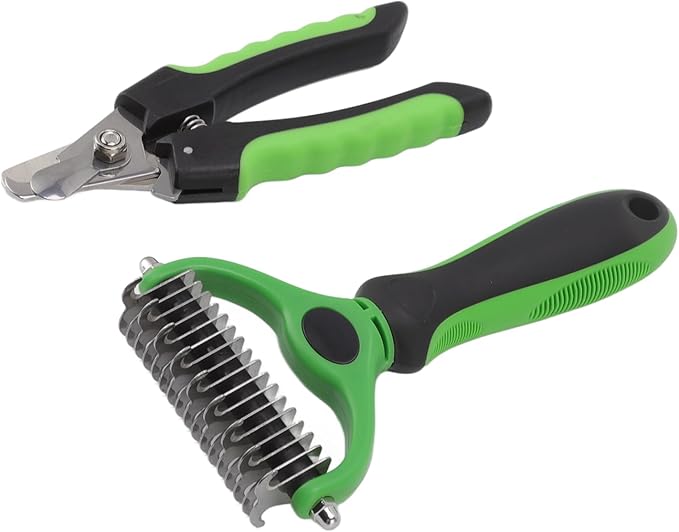 Undercoat Rake and Nail Clipper Grooming Kit, Double Sided Deshedding Brush for Dog Cat Rabbit, Ergonomic Handle, Stainless Steel Material, Safe Rounded Edges