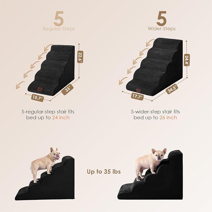 EHEYCIGA Curved Dog Stairs Ramp for High Beds, 5-Step Extra Wide Dog Steps for Small Dogs and Cats, Pet Stairs for High Bed Climbing, Non-Slip Balanced Pet Step Indoor, Black