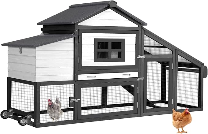 Wooden Chicken Coop, Large Chicken Tractor with Wheels, Weatherproof Hen House with Nest Box and Removable Tray, Mobile Poultry Hutch for 2-4 Chickens, Rabbits & Ducks (White)