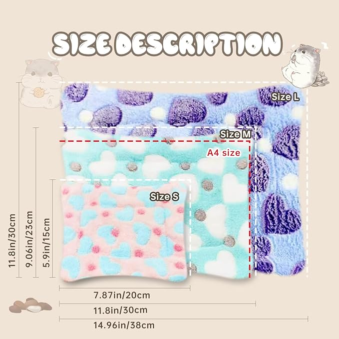 EAEDMY 4 Pieces Guinea Pig Bunny Comfortable Bed Mats Pads, Rabbit Warm Soft Bed, Hamster Bedding Pad Mats for Small Animals Chinchilla Hedgehog Baby Cats (11.8"x9.1", 1.Hearts Pattern)