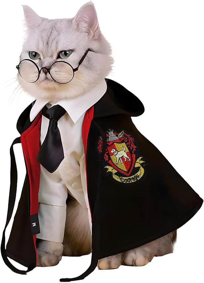 Cat Halloween Costume - Pet Wizard Costumes Mantle Magician Cosplay Clothes with Bowtie & Glasses Set, Festival Party Apparel for Small Pets Cats Dogs