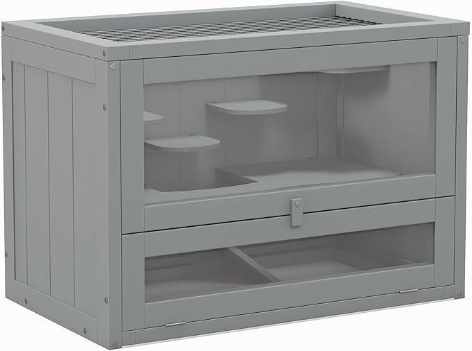 PawHut 2-Level Hamster Cage Mice and Rat House, Small Animal Habitat for Chinchillas with Openable Top, Front Door, Shelf and Ladder, Gray