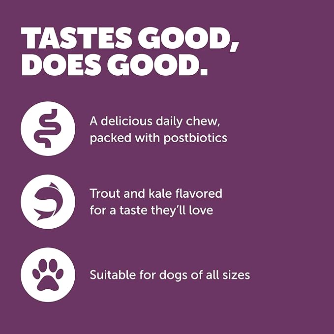 Protexin Daily Care Gut+ Calming | 60 Dog Chews, Trout and Kale Flavor Dog Supplement | Probiotics for Dogs, Dog Postbiotics
