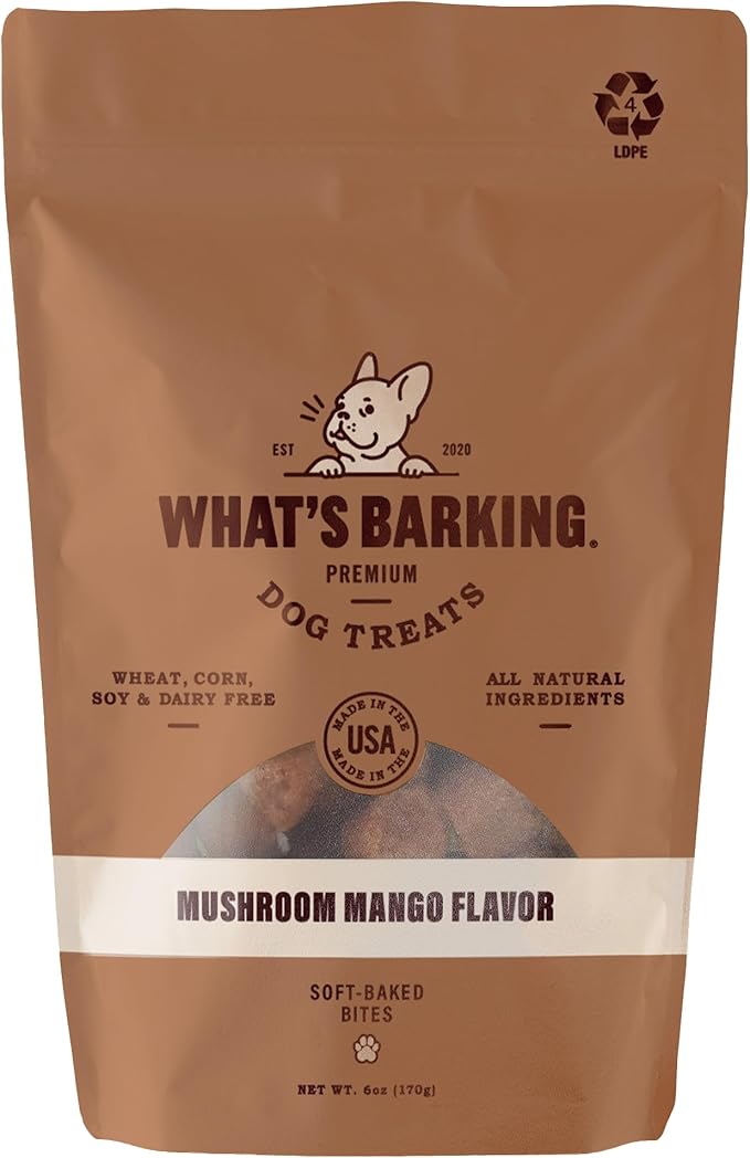 What's Barking Soft Bites, Soft Chewy Dog Treats for Training or Snacking, Pet Essentials, Bite Size Pieces for Dogs, Natural Ingredients, Made in USA, Resealable Bag, Mushroom Mango Flavor, 6 oz