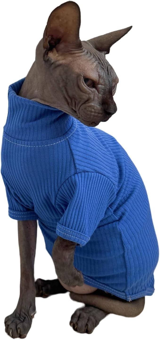 Sphynx Cats Shirt Cat Turtleneck Cotton Sweater Pullover Kitten T-Shirts with Sleeves Cat Pajamas Jumpsuit for Sphynx Cornish Rex, Devon Rex, Peterbald (Small, Deep Blue)