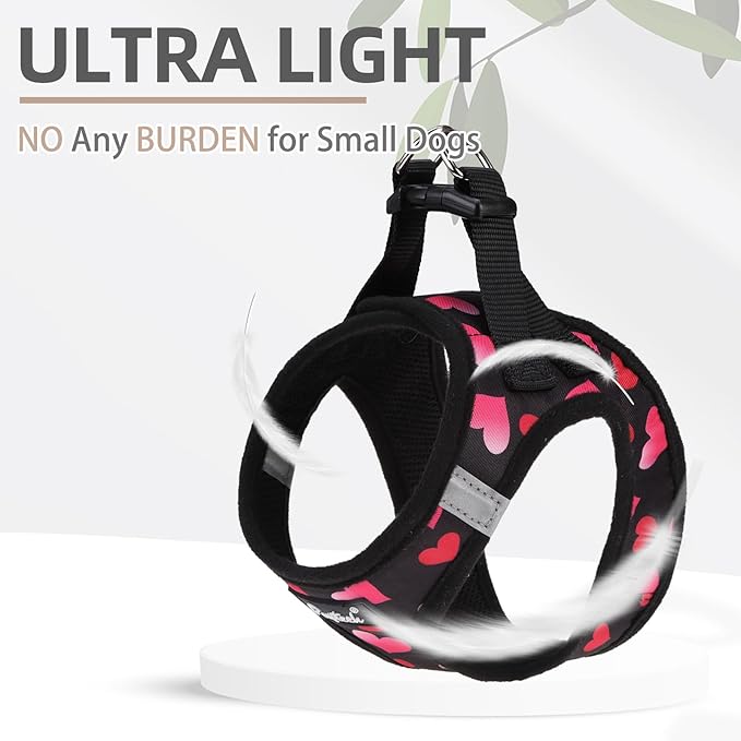 PUPTECK Dog Harness and Leash Set for Small Medium Dogs No Pull Step-in Soft Mesh Puppy Cat Vest Valentine Harnesses Reflective at Night, Black&Pink Heart, S