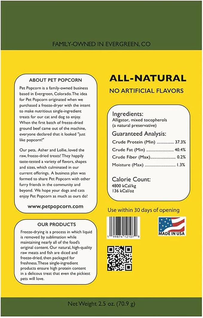 Freeze-Dried Raw Treats - Alligator - 2.5oz Bag, Dog & Cat Snacks, 2 Ingredients, Natural, Pet Food Topper, Novel Protein‑Packed Meat