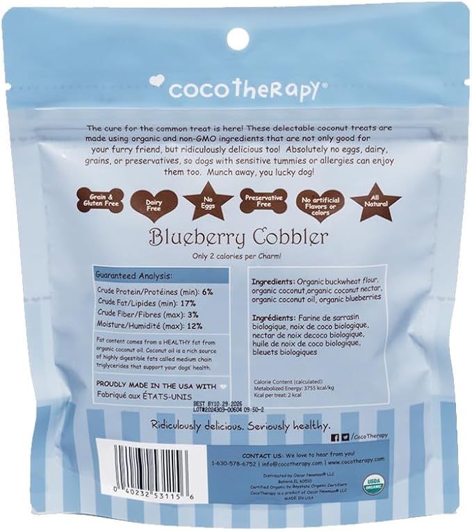 CocoTherapy Blueberry Cobbler Coco-Charms Dog Training Treats, 5 Ounces, Organic, Made in The USA (3 Pack)
