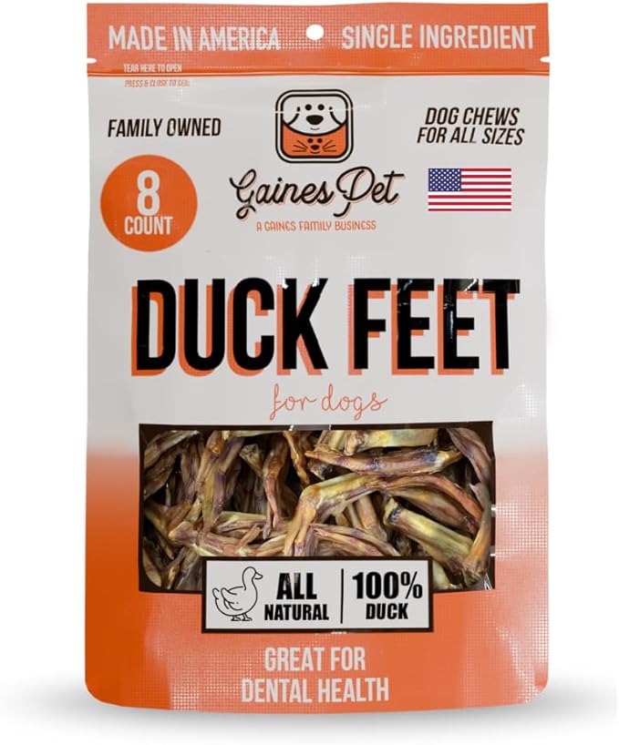 Gaines Pet Duck Feet for Dogs – 8 Count, Natural Chews with Glucosamine, Chondroitin & Collagen – Single Ingredient Dog Treats, Grain-Free, USA Made, Joint & Dental Health Support