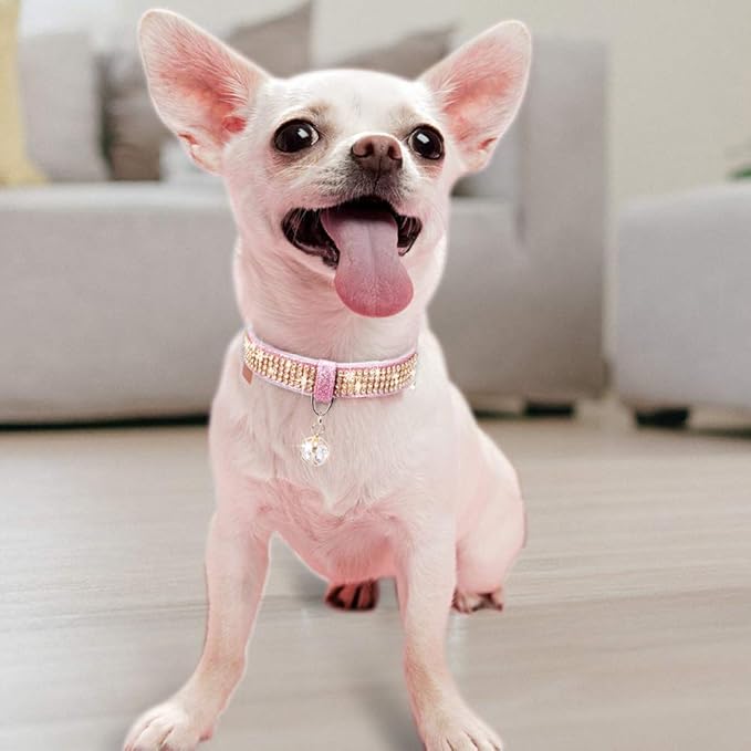 PetsHome Cat Collar, Dog Collar, [Bling Rhinestones] Premium PU Leather with Pendant Adjustable Collars for Big Cat and Small to Medium Dog Small Pink