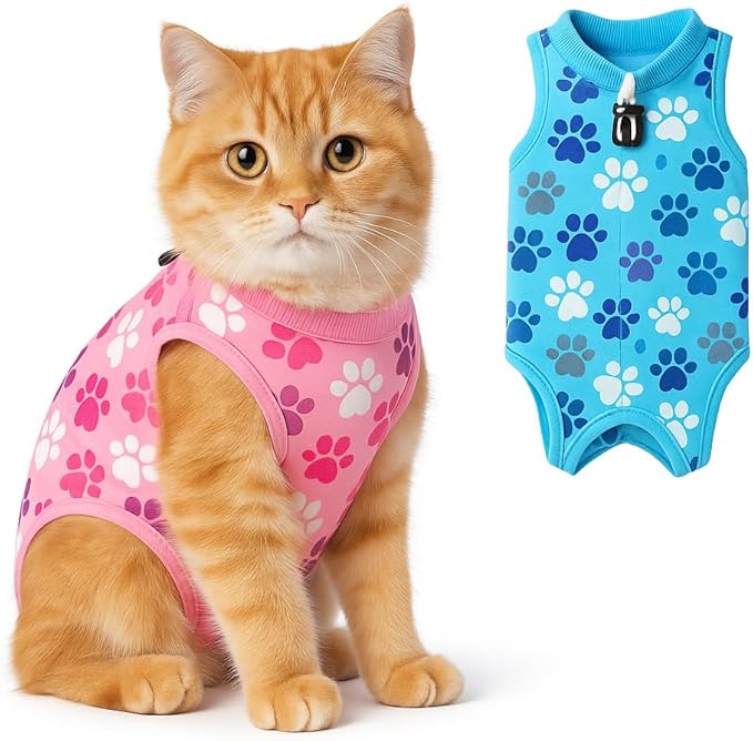 Cat Recovery Suit – Soft Breathable Cat Onesie for Female & Male Cats After Surgery, Spay, Neuter or Wounds, Cat Surgery Suit, Recovery Suit for Cats, Cone Alternative, Pink Paw Print