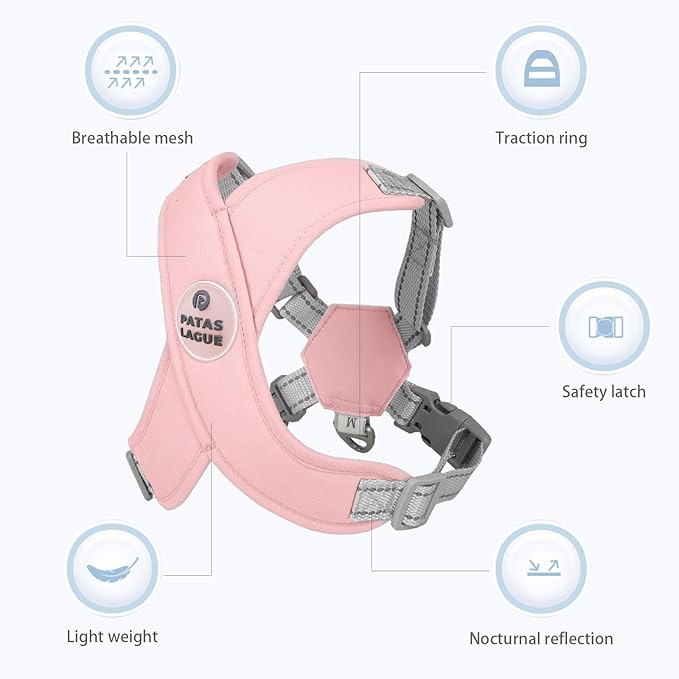 Patas Lague Dog Harness with Leash Set Adjustable Soft Padded Step-in Dog Vest No Choke No Pull Reflective for Small Medium Pets with Poop Bags and Dispenser, Solid and No-chew, Pink M