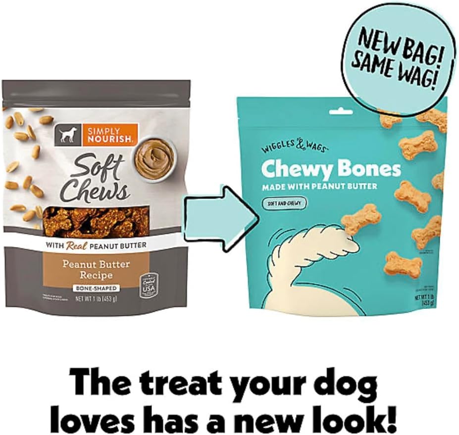 Wiggles & Wags Chewy Bones Dog Treats, Peanut Butter, Soft and Chewy, (1lb Bag)