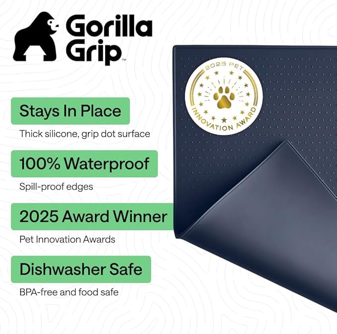 GORILLA GRIP 100% Waterproof Raised Edge BPA Free Silicone Pet Feeding Mat, Dog Cat Food Mats Contain Spills Protects Floors, Placemats for Cats and Dogs Water Bowl, Pets Accessories 16x10, Navy