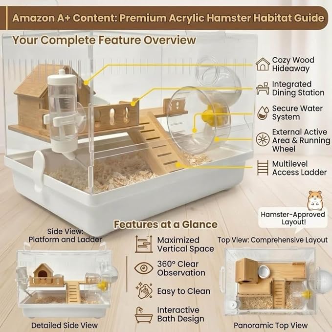 Clear Acrylic Hamster Cage Habitat, 2-Tier Small Animal Mouse Habitat with Wheel, Hideout & Accessories, Transparent Cage Hamster Starter Home for Dwarf Hamsters, Gerbils & Mice Enclosure