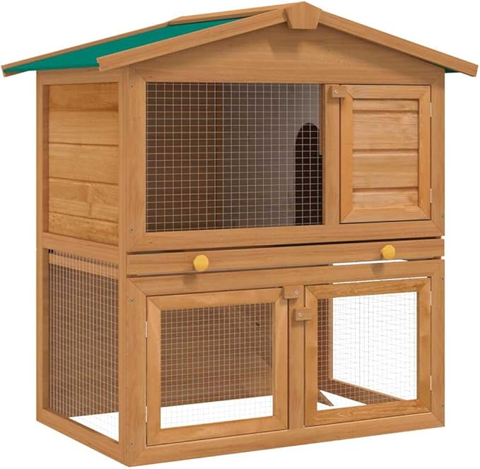vidaXL Outdoor Rabbit Hutch, 2-Layer Pet Cage with 3 Doors, Wood-Constructed Animal House, Spacious Design for Small Pets with Iron Wire Mesh for Ventilation
