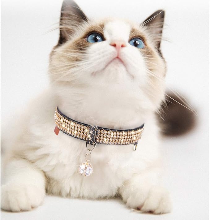 PetsHome Cat Collar, Dog Collar, [Bling Rhinestones] Premium PU Leather with Pendant Adjustable Collars for Cat and Small Dog Extra Small Black