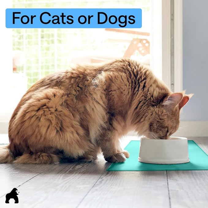 GORILLA GRIP 100% Waterproof Raised Edge BPA Free Silicone Pet Feeding Mat, Dog Cat Food Mats Contain Spills Protects Floors, Placemats for Cats and Dogs Water Bowl, Pets Accessories 16x10, Turquoise