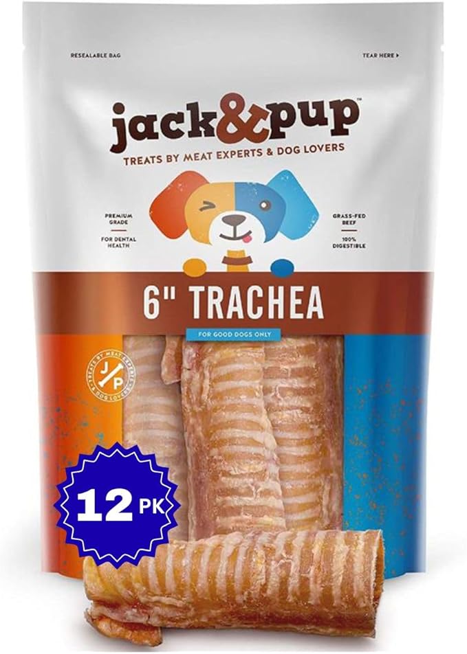 Jack&Pup 6 Inch Trachea Dog Chew | Single Ingredient Beef Trachea Treats for Dogs | Naturally Rich in Glucosamine and Chondroitin for Joint Health (12 Pk)