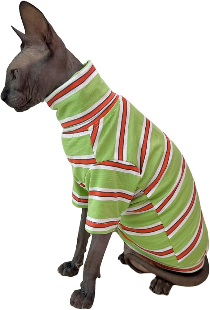 Vintage Stripes Sphynx Hairless Cats Shirt Cotton Cat Turtleneck Pet Clothes Kitten T-Shirts with Sleeves for Sphynx Cornish Rex, Devon Rex, Peterbald (Orange & Green, Small (Pack of 1))