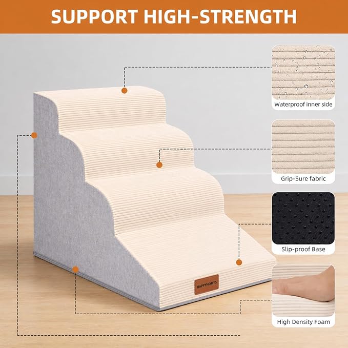 Dog Stairs for Small Dogs and Cats, 19.7" H, 4-Step Curved Pet Ramp for Beds or Couches, Non-Slip Medium Pet Steps with High Density Foam, Beige