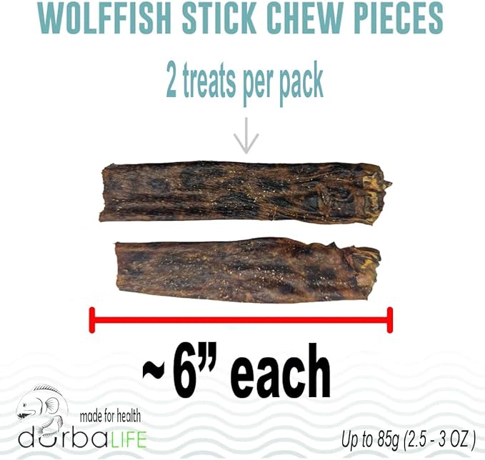 Wolffish Skin Treats for Dogs (2 Fish Sticks 6-in Each) Hand Wrapped w/Single Ingredient Super Tasty Dog Chews