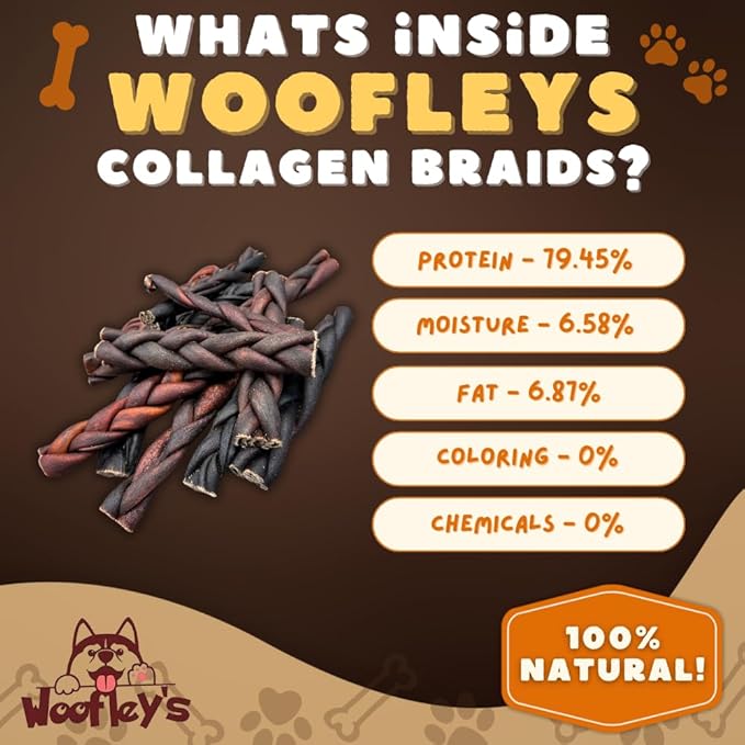 Woofley's 6 Inch Braided Collagen Sticks for Dogs - (50 Count) Bully Stick Rawhide Alternative Dog Chews No Hide Bones for Medium & Large Dogs