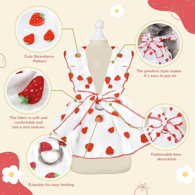 Dog Dresses for Small Dogs Girl Female Clothes Cat Clothes Cat Dress Cute Cotton Extra Summer Clothes Bow Decor Printed Strawberry Dog Birthday Outfit Small Puppy Clothes White M