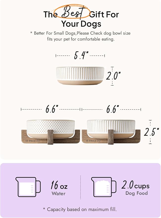 LE TAUCI PET Ceramic Dog and Cat Bowl Set with Acacia Wood Stand - 2 Cup Weighted Non-Slip Food and Water Bowls for Small Dogs & Cats, Lines + Dot