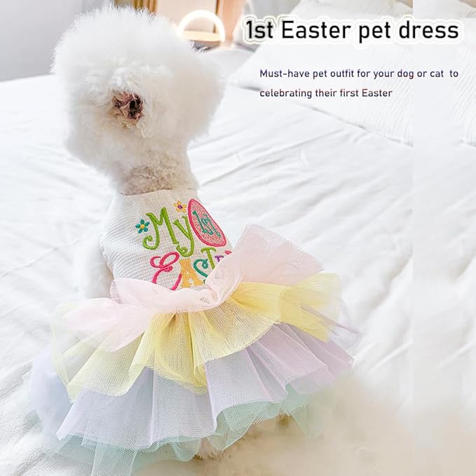 ANIAC Happy 1st Easter Dog Dress Girl Holiday Puppy Clothes for Small Dog Easter Cat Outfit Eggs Print Rainbow Doggy Princess Tutu Dress Pet Clothing (X-Small)