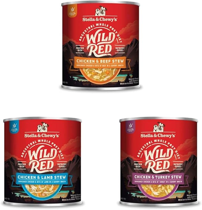 Stella & Chewy's Wild Red Wet Dog Food - Large Variety Pack 3 Flavors - High Protein Grain-Free Stews with 96% Animal Protein - Perfect for Picky Eaters, 10 oz, Pack of 18