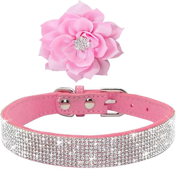 Cute Dazzling Sparkling Elegant Fancy Soft Suede Leather Bling Rhinestone Crystal Jeweled Pet Cat Dog Puppy Collar Dog Leash Combo Set (M(Neck 12.5-15"), Pink-6)