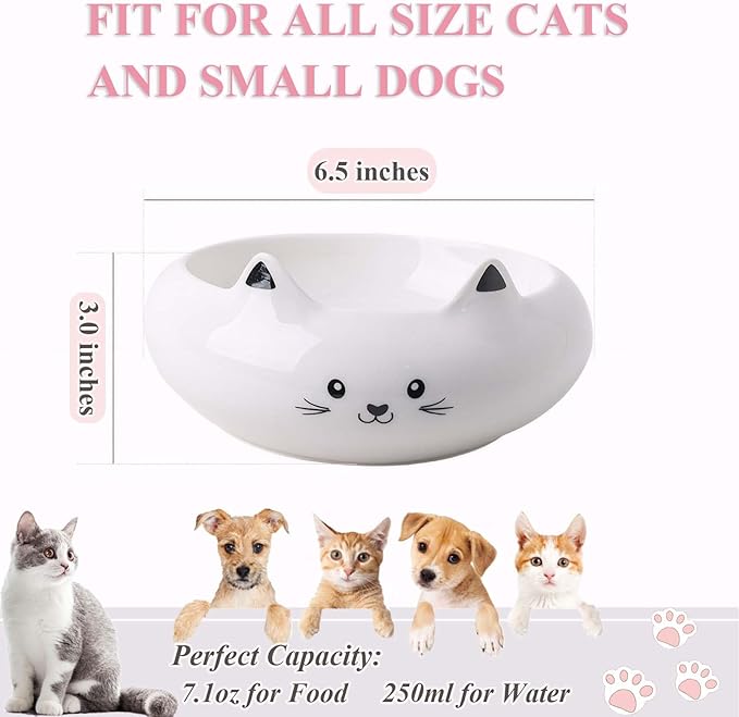 Cat Bowls, Cat Food Bowl with Ears, Ceramic Cute Kitten Water Bowl 7.1oz, Slanted Kitten Feeding Dish 6.5 inch, Whisker Fatigue Friendly, Adorable and Multi-Use Gift for Girls