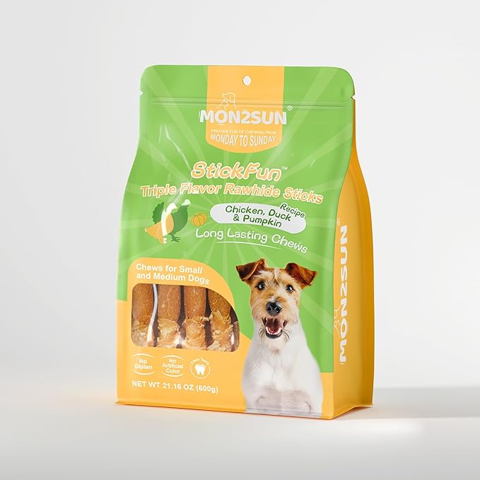 MON2SUN Dog Treats, 5 Inch Triple Flavor Chicken Pumpkin and Duck Wrapped Rawhide Sticks, Long Lasting Chews for Small and Medium Dogs, 21.16 oz (30 Count)