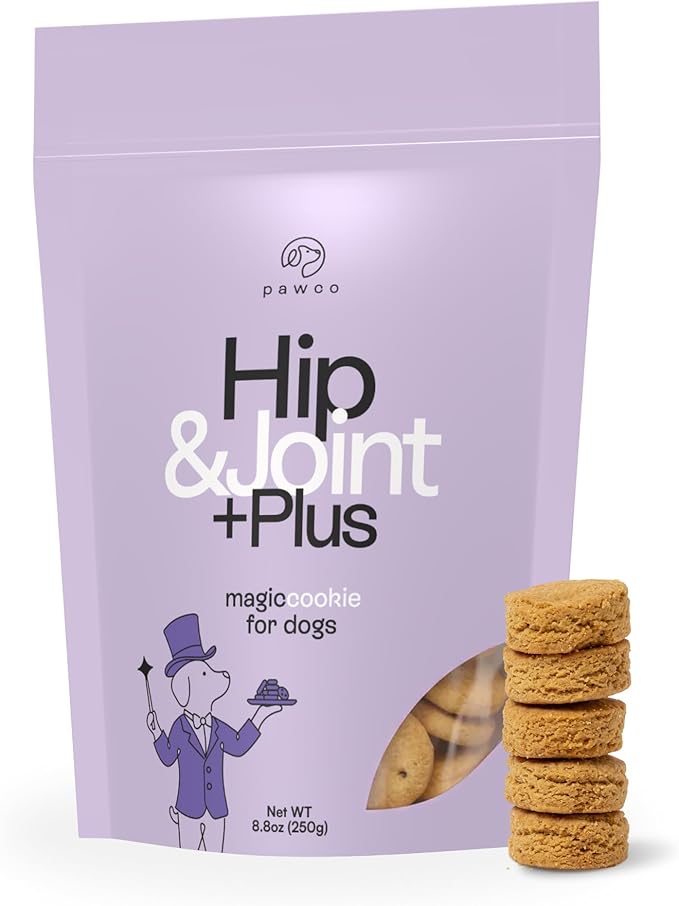 Pawco Dog Treats, Hip & Joint – Supports Mobility in Senior & Active Dogs – Crunchy Dog Cookies with Omega-3 & DHA, Peanut Butter & Apple – Functional & Healthy Rewards for Dogs – Magic Cookie – 8.8oz
