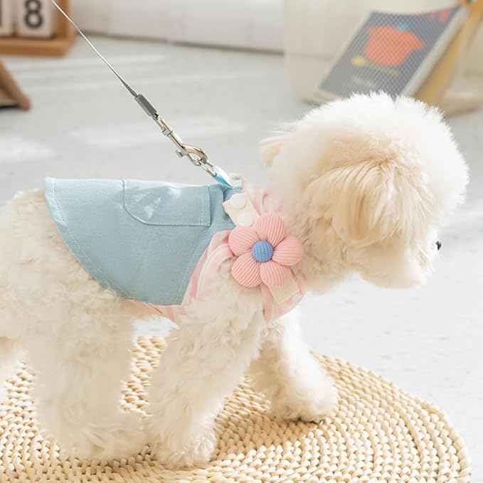 ANIAC Denim Small Puppy Dress 3D Flowers Girl Dog Clothes with D-Ring and Pocket Striped Female Cat Harness Dresses Shih Tzu Yorkies Chihuahua Outfits Summer Pet Clothing (Large, 3D Pink Flowers)